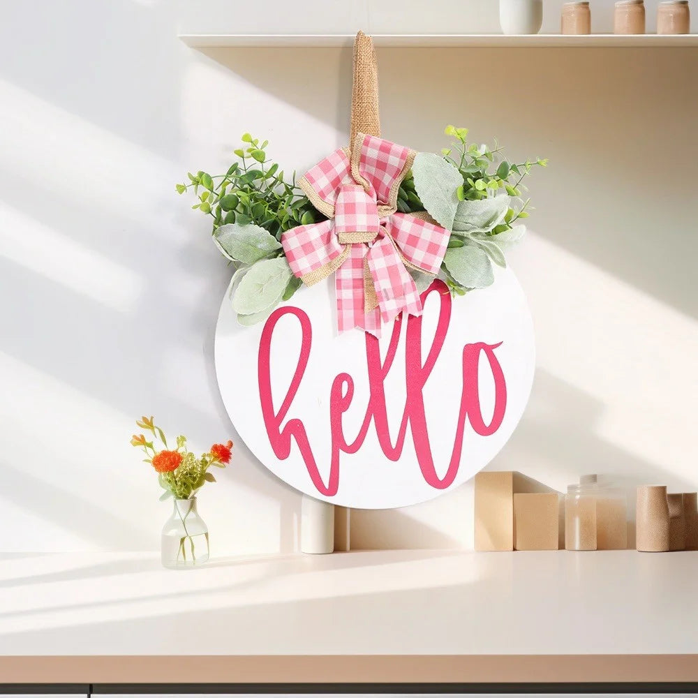 Wooden Round Welcome Sign Door Hanger with Bow Wreath Decoration for Home Entrance - 4