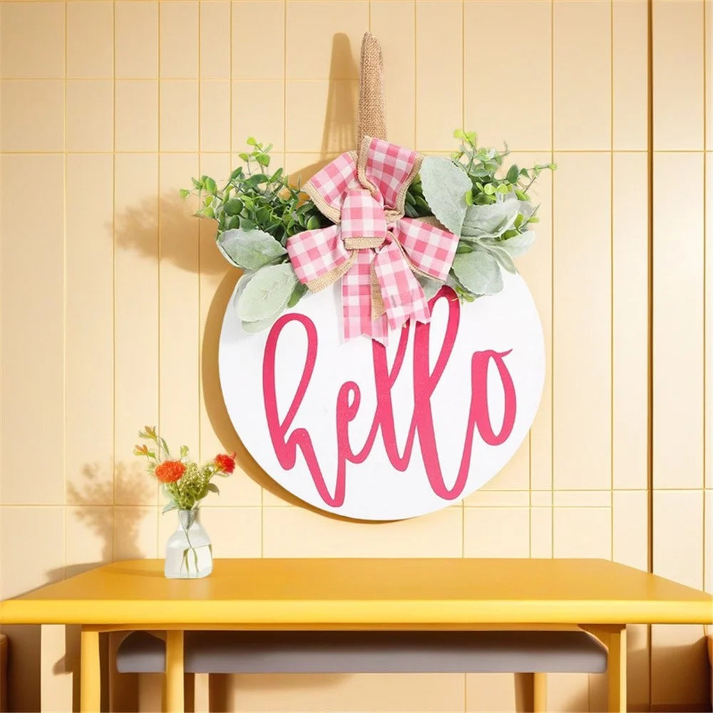 Wooden Round Welcome Sign Door Hanger with Bow Wreath Decoration for Home Entrance - 5