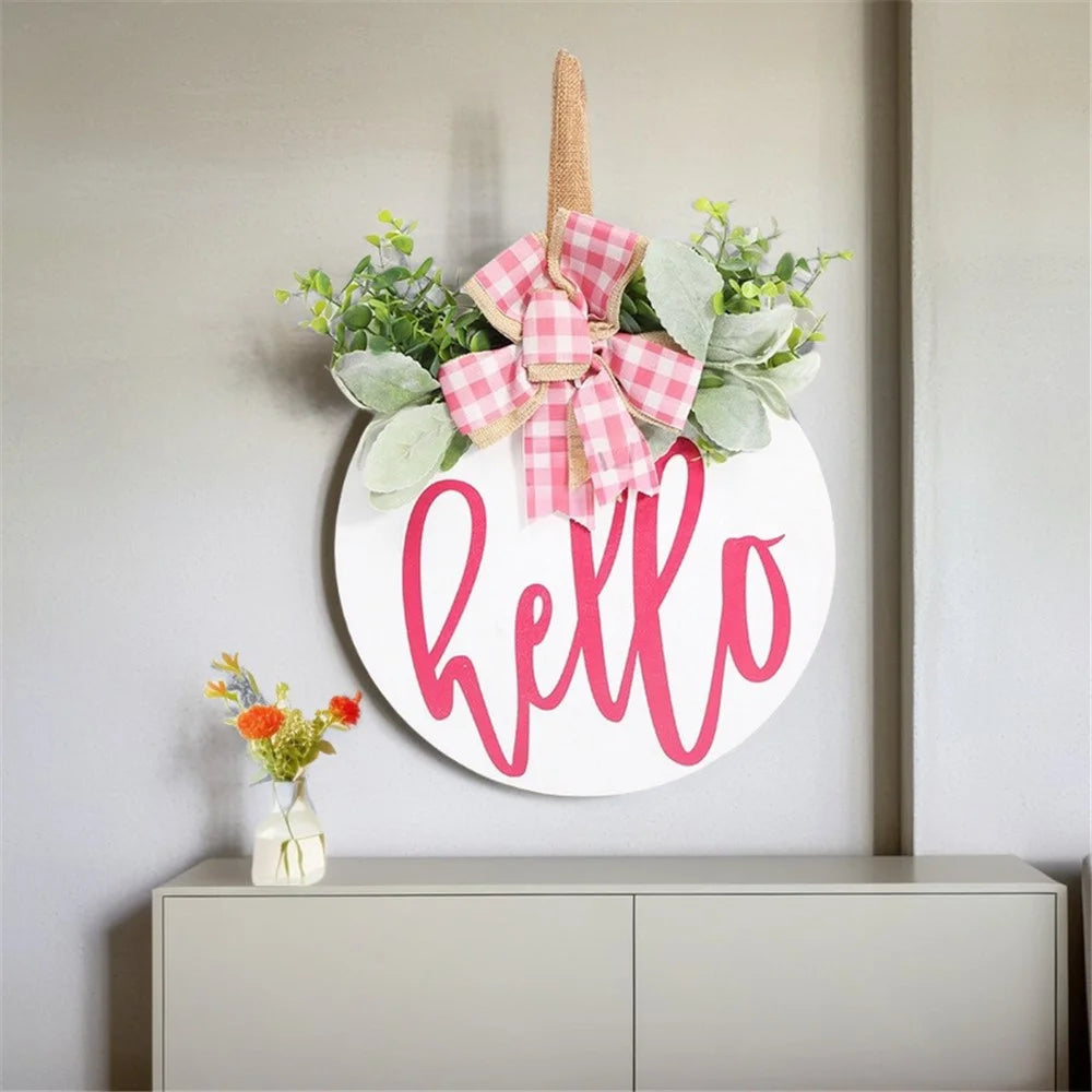 Wooden Round Welcome Sign Door Hanger with Bow Wreath Decoration for Home Entrance - 6