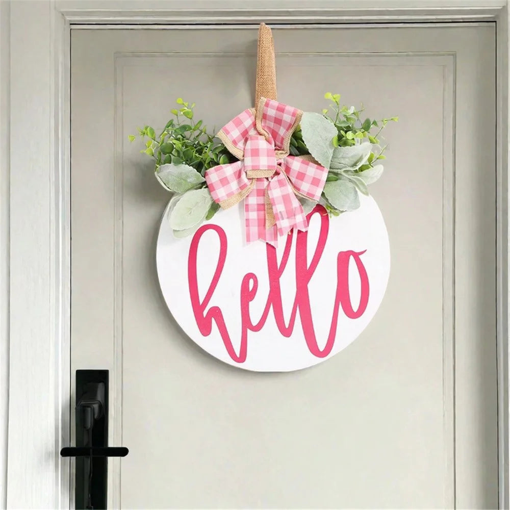 Wooden Round Welcome Sign Door Hanger with Bow Wreath Decoration for Home Entrance - 7
