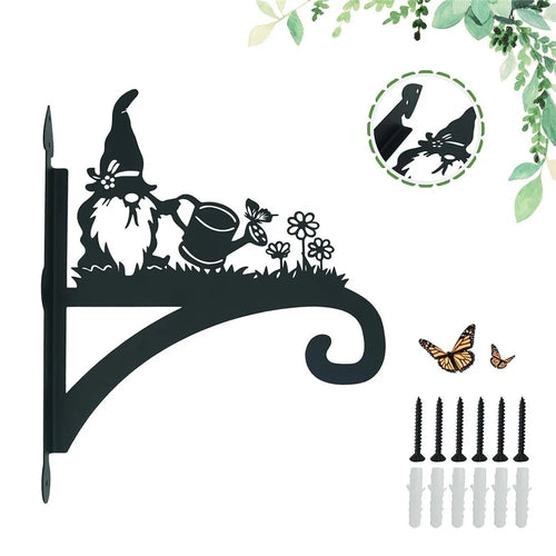 Outdoor Heavy Duty Iron Hanging Basket Hook Plant Hanger Animal Silhouette Decorative Garden Bracket - Gnome Watering Flowers - 1