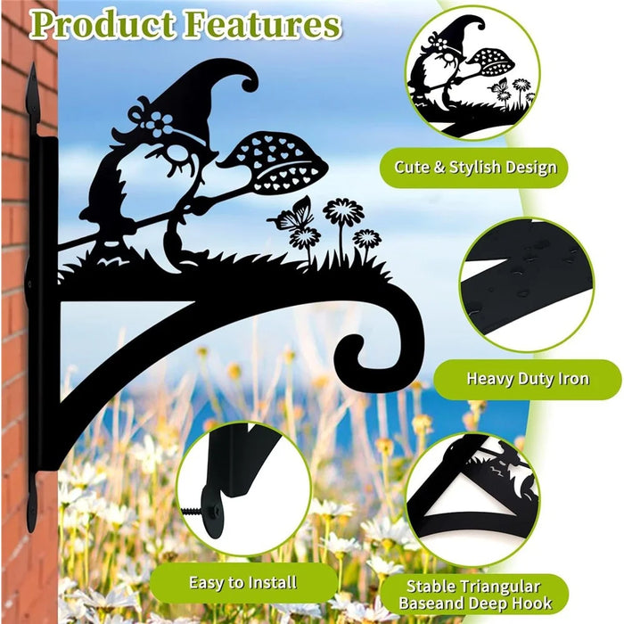 Outdoor Heavy Duty Iron Hanging Basket Hook Plant Hanger Animal Silhouette Decorative Garden Bracket - Gnome Watering Flowers - 7