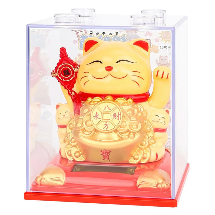Solar Powered Lucky Cat Figurine Waving Arm Car Dashboard Home Decoration Creative Gift, L Size - 338B / Yellow - 1