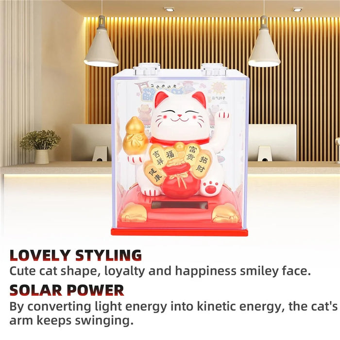 Solar Powered Lucky Cat Figurine Waving Arm Car Dashboard Home Decoration Creative Gift, L Size - 338B / Yellow - 4