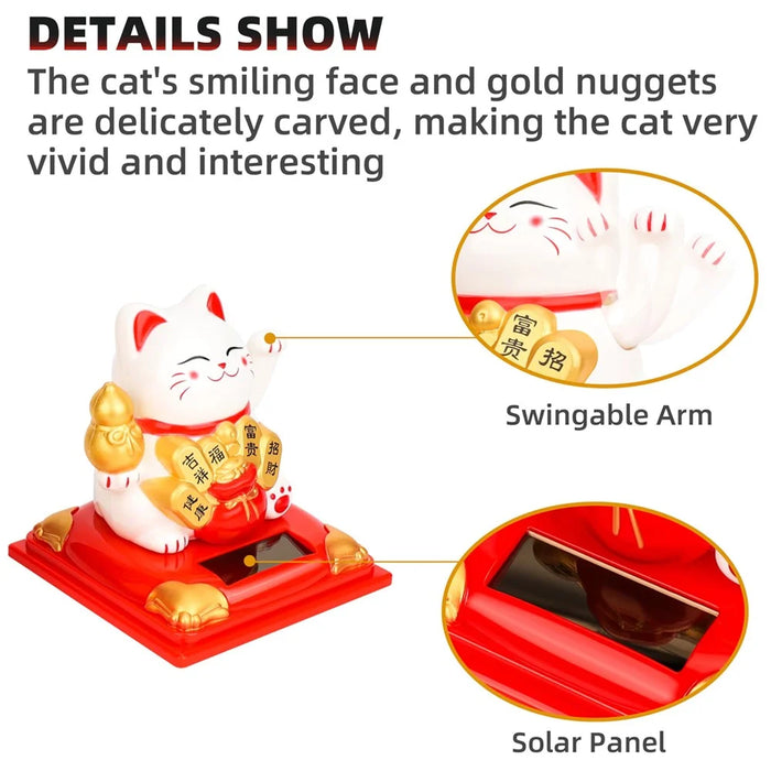 Solar Powered Lucky Cat Figurine Waving Arm Car Dashboard Home Decoration Creative Gift, L Size - 338B / Yellow - 5