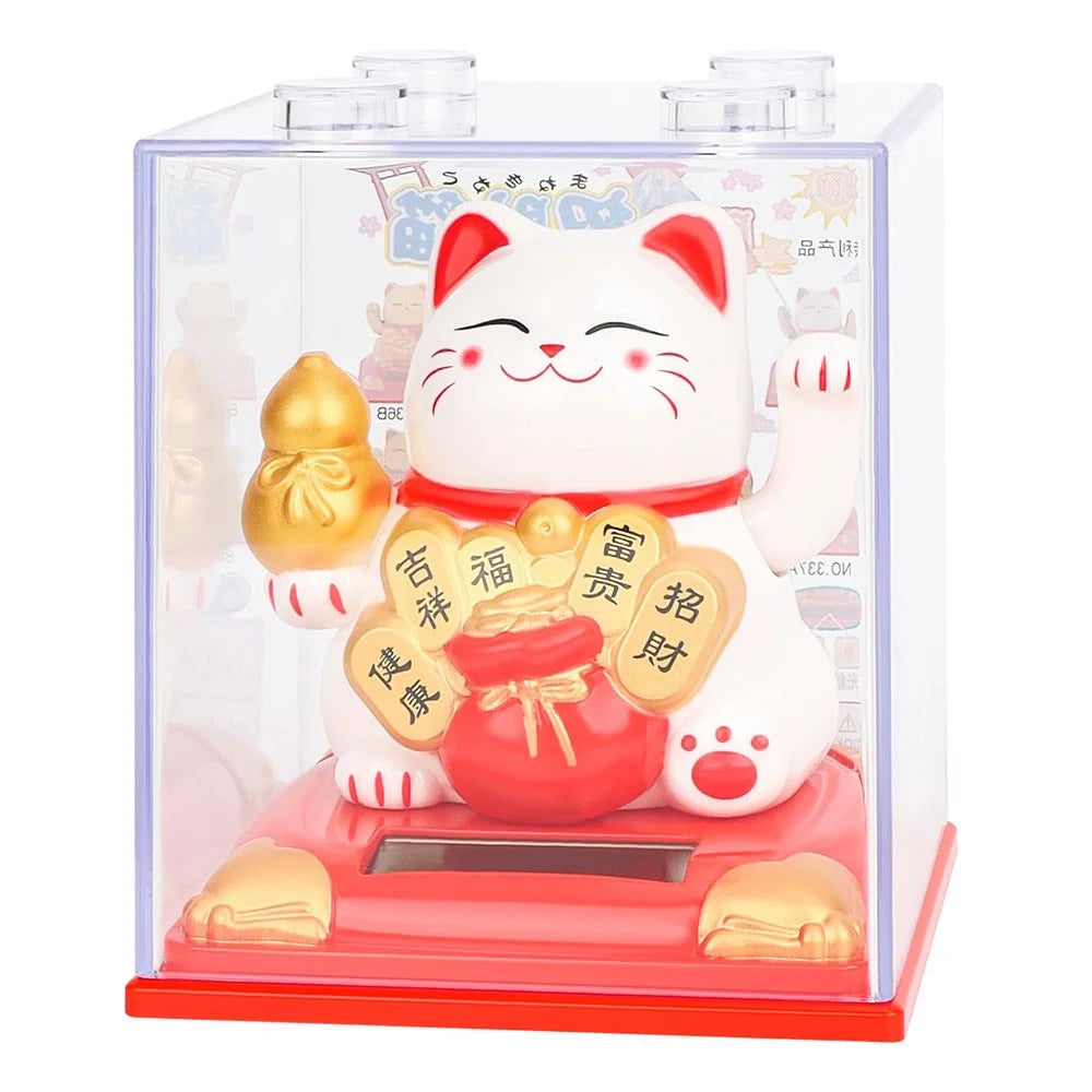 Solar Powered Lucky Cat Figurine Waving Arm Car Dashboard Home Decoration Creative Gift,  M Size - Gourd / White - 1