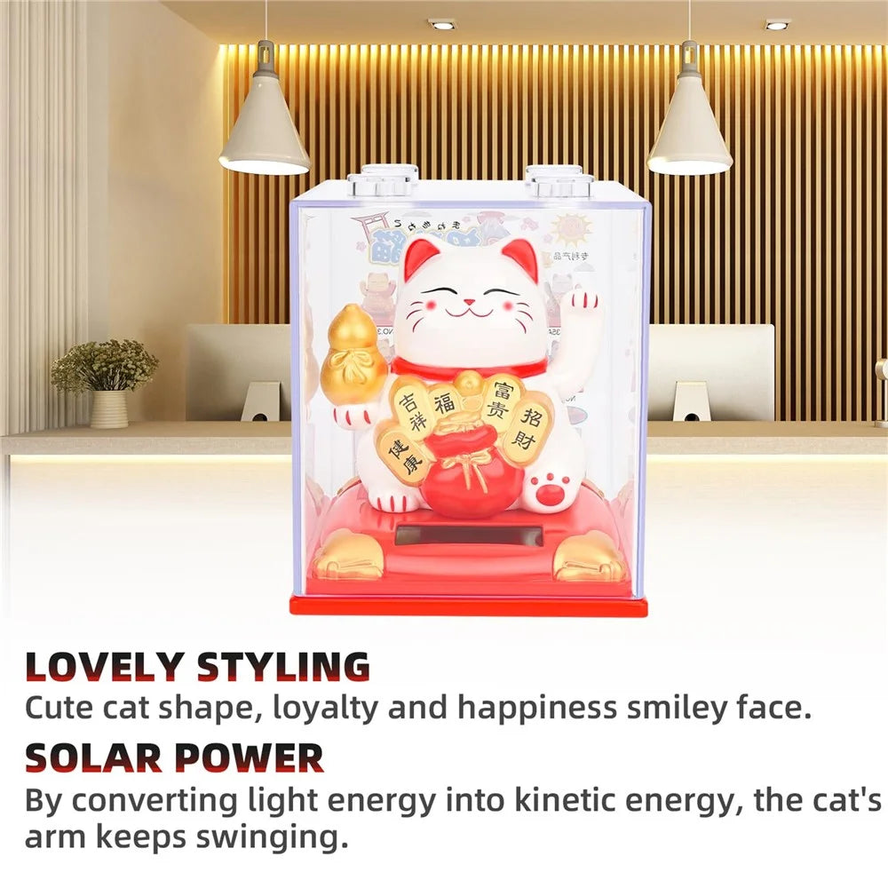 Solar Powered Lucky Cat Figurine Waving Arm Car Dashboard Home Decoration Creative Gift,  M Size - Gourd / White - 3