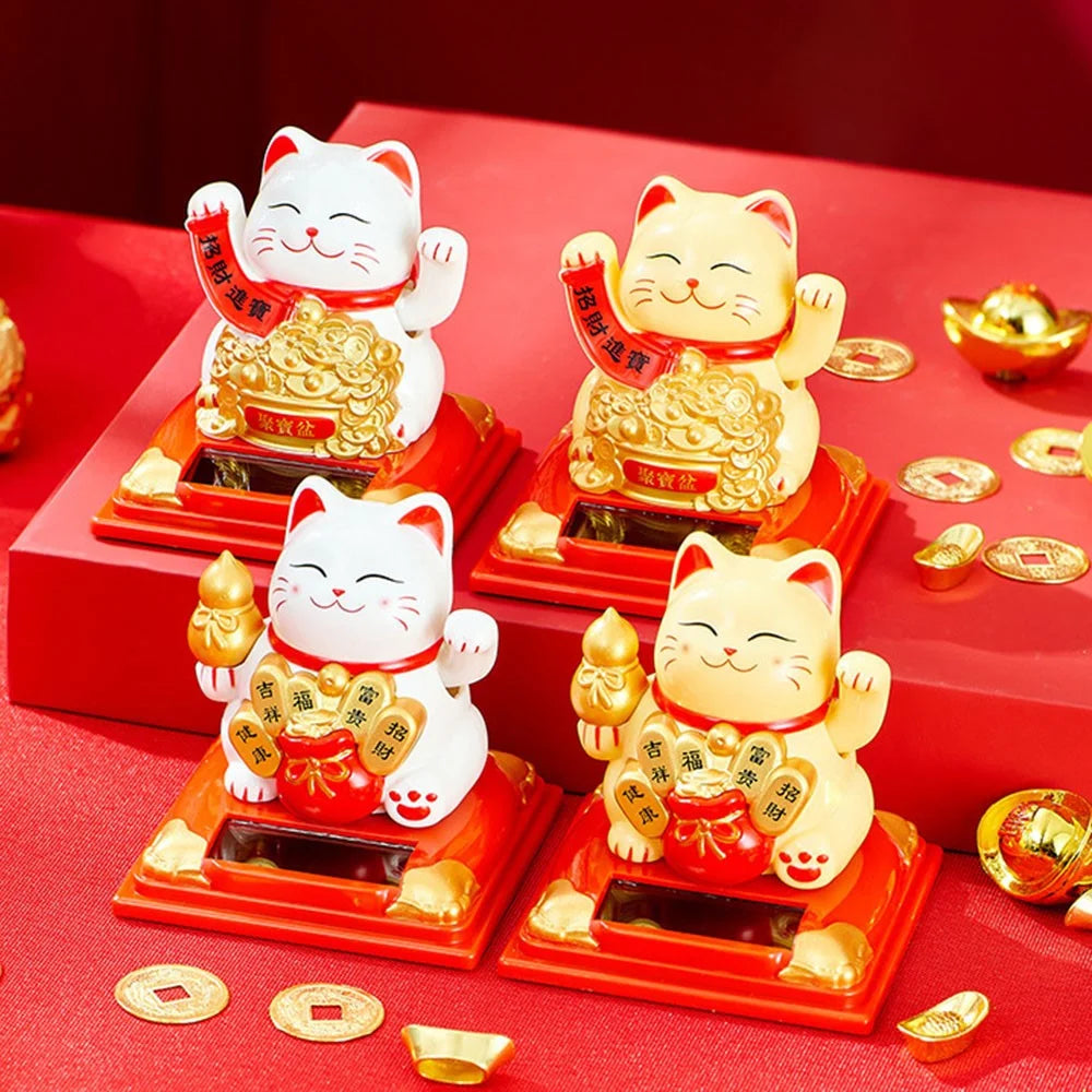 Solar Powered Lucky Cat Figurine Waving Arm Car Dashboard Home Decoration Creative Gift,  M Size - Gourd / White - 7