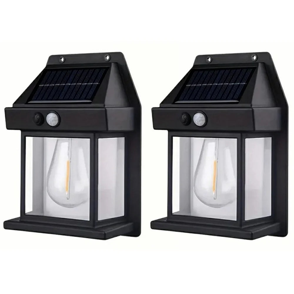 2Pcs Solar Powered Filament Bulb Wall Light Outdoor Garden Motion Sensor Waterproof Lamp - Black - 1