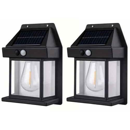 2Pcs Solar Powered Filament Bulb Wall Light Outdoor Garden Motion Sensor Waterproof Lamp - Black - 1