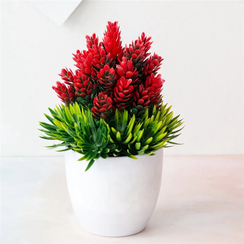 Artificial Plastic Potted Plant Ornament Realistic Bonsai Office Living Room Home Decor - Red - 1