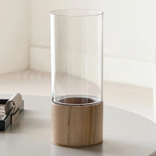 10x25cm Minimalist Flower Vase with Wooden Base PET Transparent Cylinder Vase Living Room Decoration - Wood Color - 1