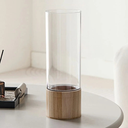 10x30cm Minimalist Flower Vase with Wooden Base PET Transparent Cylinder Vase Living Room Decoration - Wood Color - 1