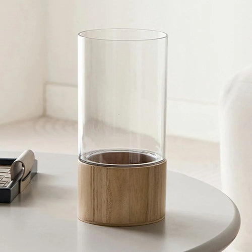 12x25cm Minimalist Flower Vase with Wooden Base PET Transparent Cylinder Vase Living Room Decoration - Wood Color - 1