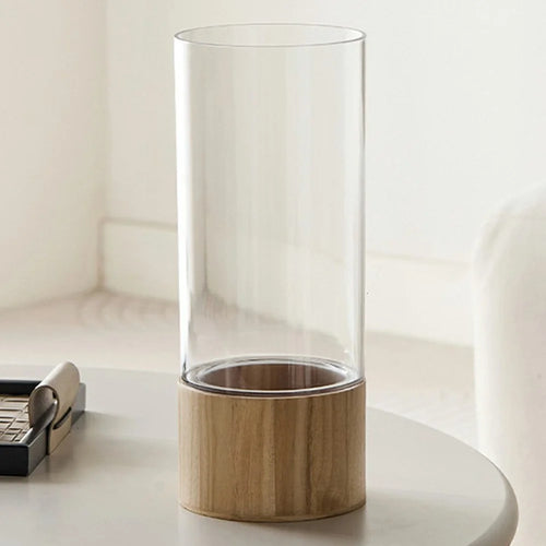 12x30cm Minimalist Flower Vase with Wooden Base PET Transparent Cylinder Vase Living Room Decoration - Wood Color - 1