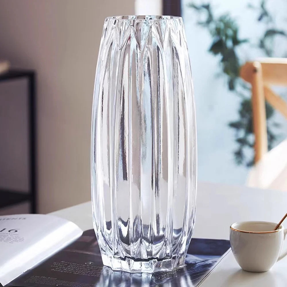 Vertical Ribbed Glass Vase Modern Living Room Water Planting Floral Arrangement Decor Flower Holder - Transparent - 1