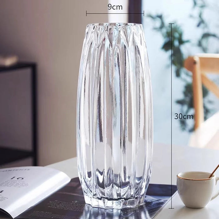 Vertical Ribbed Glass Vase Modern Living Room Water Planting Floral Arrangement Decor Flower Holder - Transparent - 2