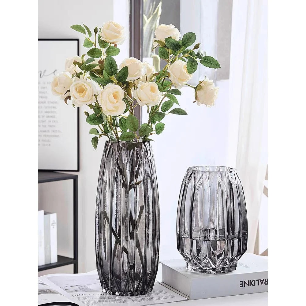 Vertical Ribbed Glass Vase Modern Living Room Water Planting Floral Arrangement Decor Flower Holder - Smoke Gray - 3