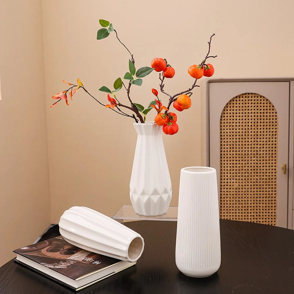 European Simple White Ceramic Vase Living Room Dining Table Decor Dried Fresh Flowers Hydroponic Plant Holder - Style B - 4