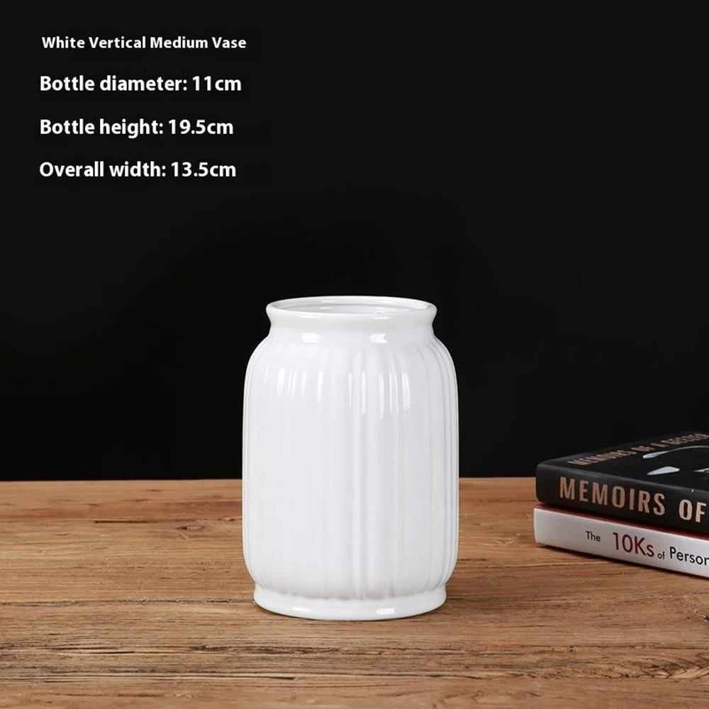 Medium Size European Modern Minimalist Ceramic Striped Vase Home Decor Living Room Flower Arrangement Container - White - 2