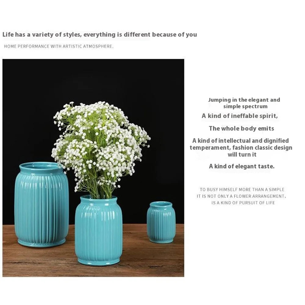 Medium Size European Modern Minimalist Ceramic Striped Vase Home Decor Living Room Flower Arrangement Container - White - 3