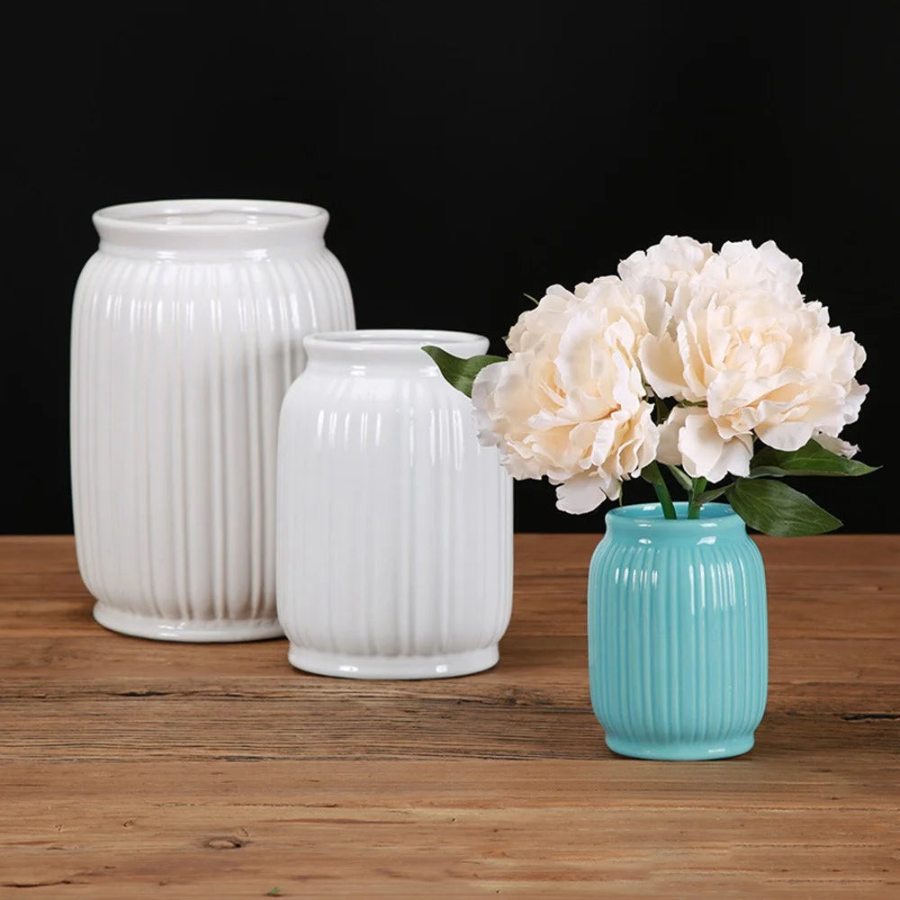 Medium Size European Modern Minimalist Ceramic Striped Vase Home Decor Living Room Flower Arrangement Container - White - 4