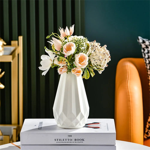 Plastic Flower Vase Ceramic Glaze Effect Fresh Dry Artificial Flowers Decorative Container - White - 1
