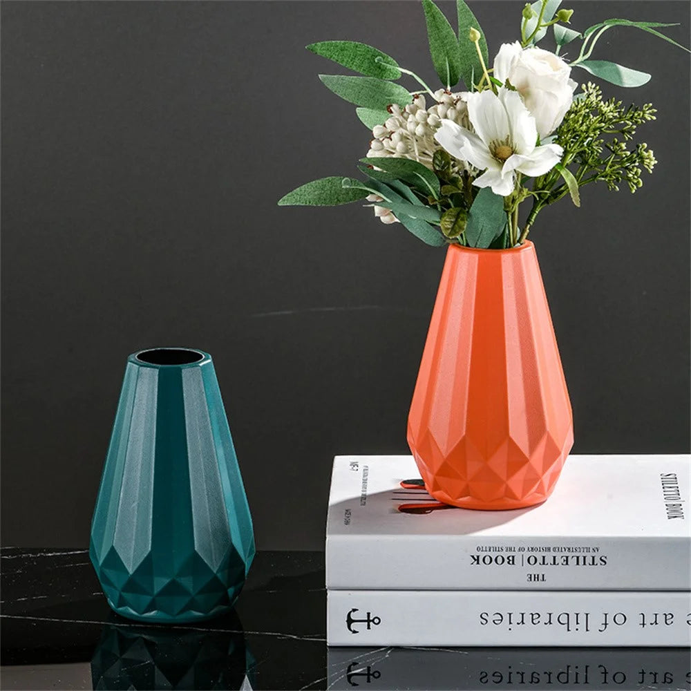 Plastic Flower Vase Ceramic Glaze Effect Fresh Dry Artificial Flowers Decorative Container - White - 2