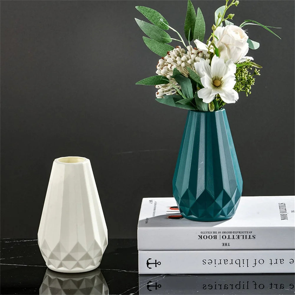 Plastic Flower Vase Ceramic Glaze Effect Fresh Dry Artificial Flowers Decorative Container - White - 3