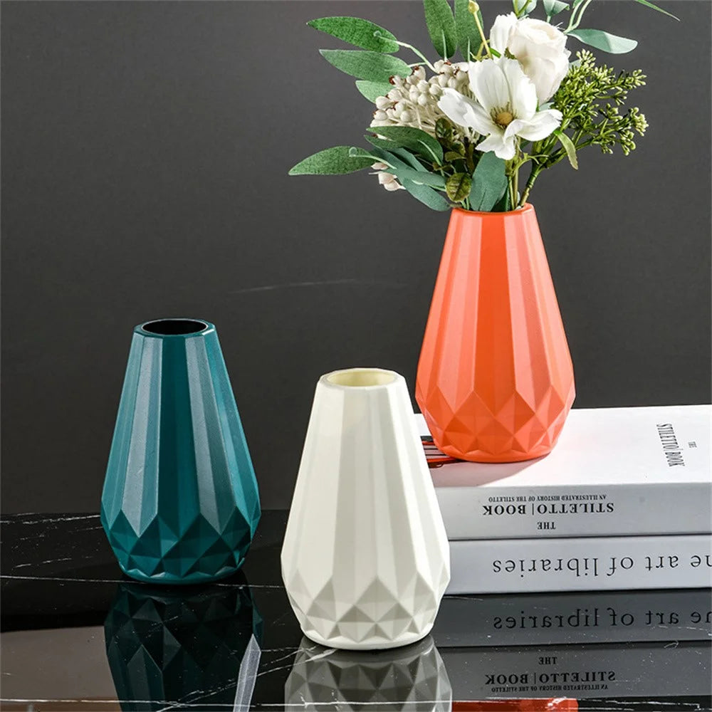 Plastic Flower Vase Ceramic Glaze Effect Fresh Dry Artificial Flowers Decorative Container - White - 4