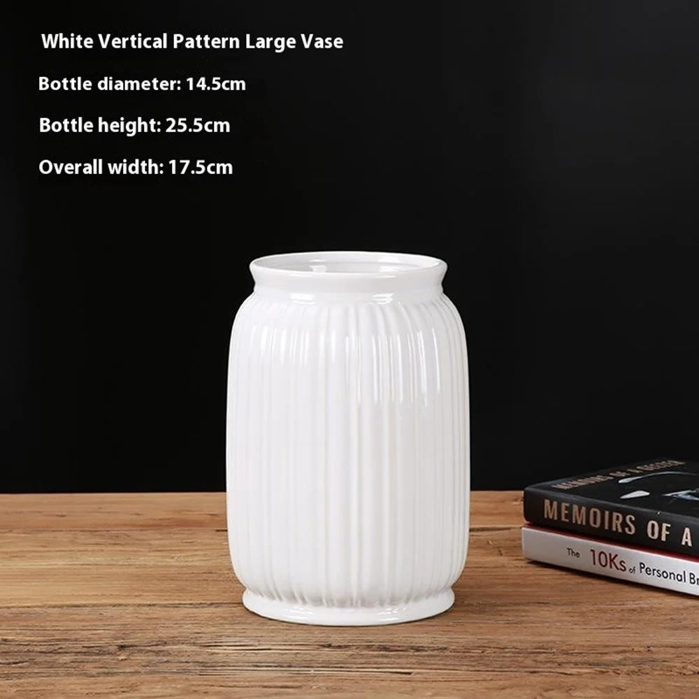 Large Size European Modern Minimalist Ceramic Striped Vase Home Decor Living Room Flower Arrangement Container - White - 2