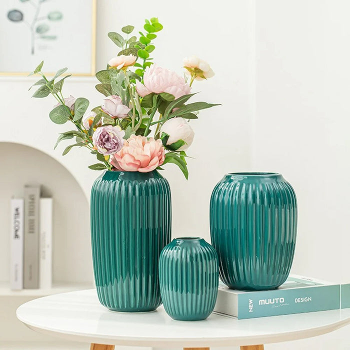 Small Size Modern Ceramic Striped Vase Flower Arrangement Container Living Room Decor - Pink - 3