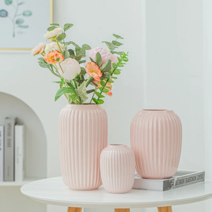 Medium Size Modern Ceramic Striped Vase Flower Arrangement Container Living Room Decor - Pink - 2
