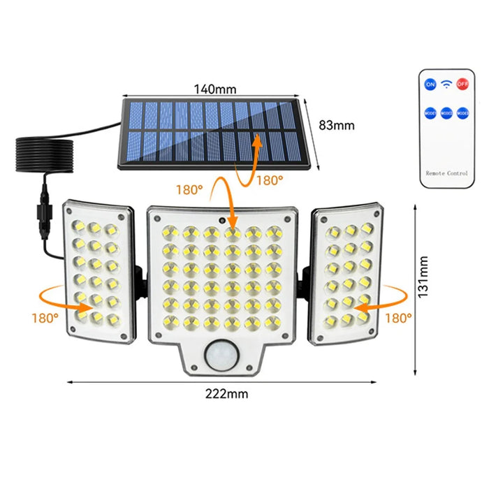 TG-TY01037 216 LED 3-Head Solar Powered Wall Light with Remote Control Waterproof Garden Lamp, Large Panel - 5