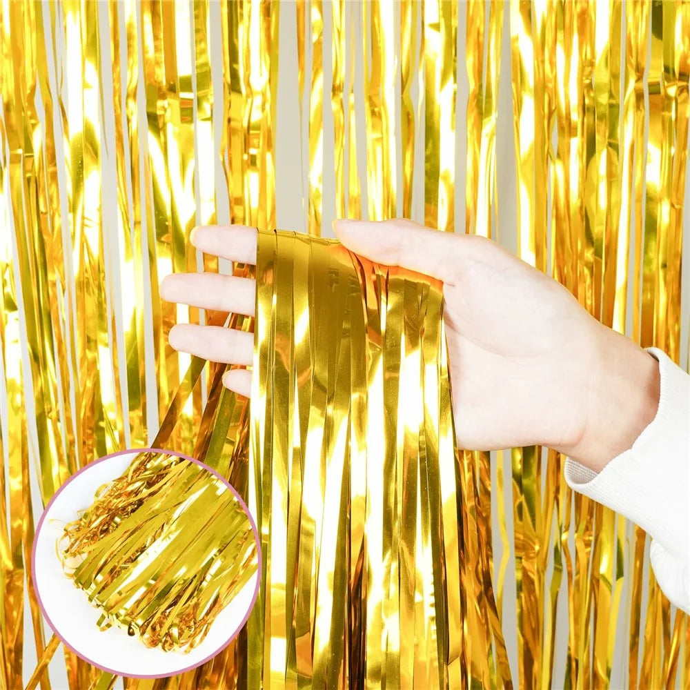 1x2m Metallic Foil PET Fringe Door Curtain Birthday Wedding Party Decor Backdrop Tassel Shimmer Drape - Gold - 3