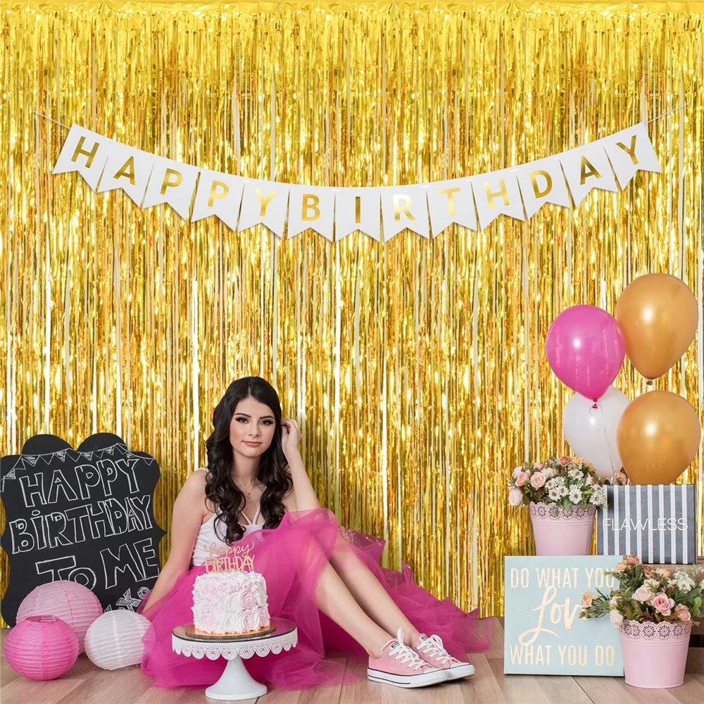 1x2m Metallic Foil PET Fringe Door Curtain Birthday Wedding Party Decor Backdrop Tassel Shimmer Drape - Gold - 6