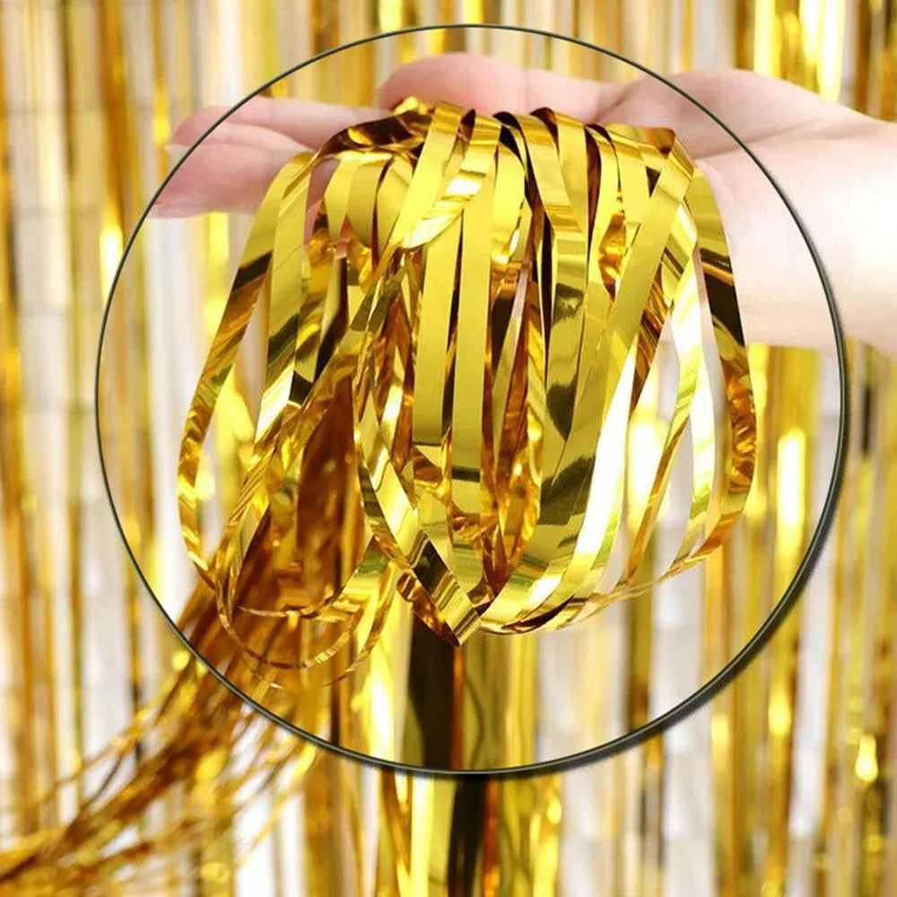 1x2m Metallic Foil PET Fringe Door Curtain Birthday Wedding Party Decor Backdrop Tassel Shimmer Drape - Gold - 7