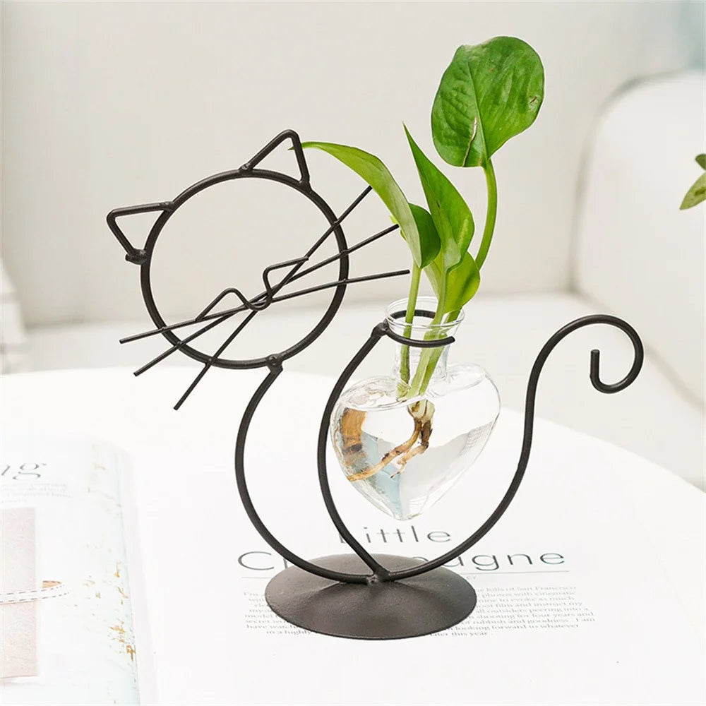 Sitting Cat-Shaped Iron Plant Holder Hydroponic Flower Vase Creative Ornament for Home Decor - Black - 1