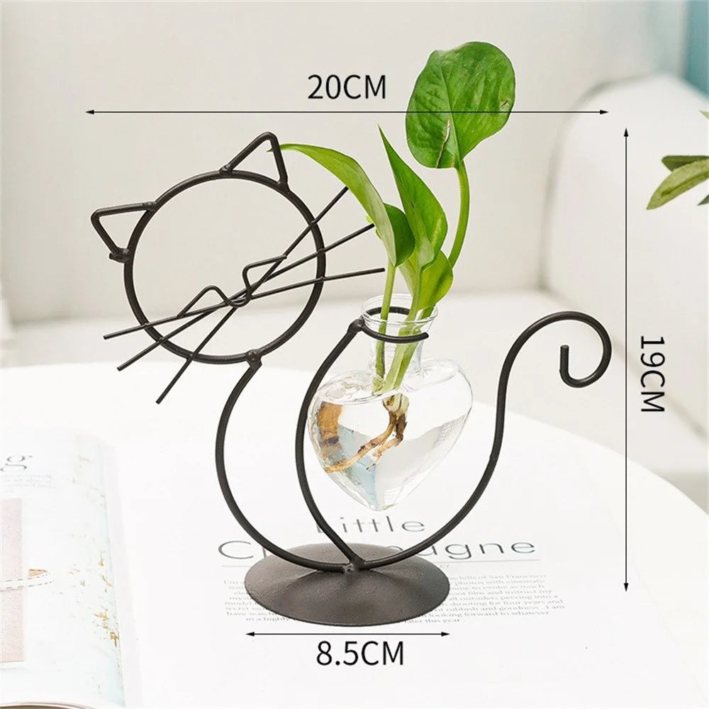 Sitting Cat-Shaped Iron Plant Holder Hydroponic Flower Vase Creative Ornament for Home Decor - Black - 3