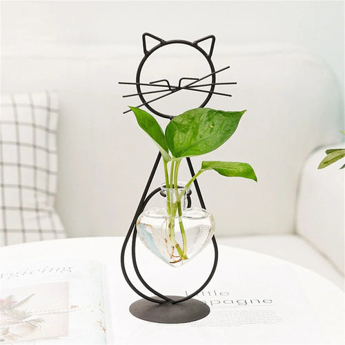 Standing Cat-Shaped Iron Plant Holder Hydroponic Flower Vase Creative Ornament for Home Decor - Black - 1