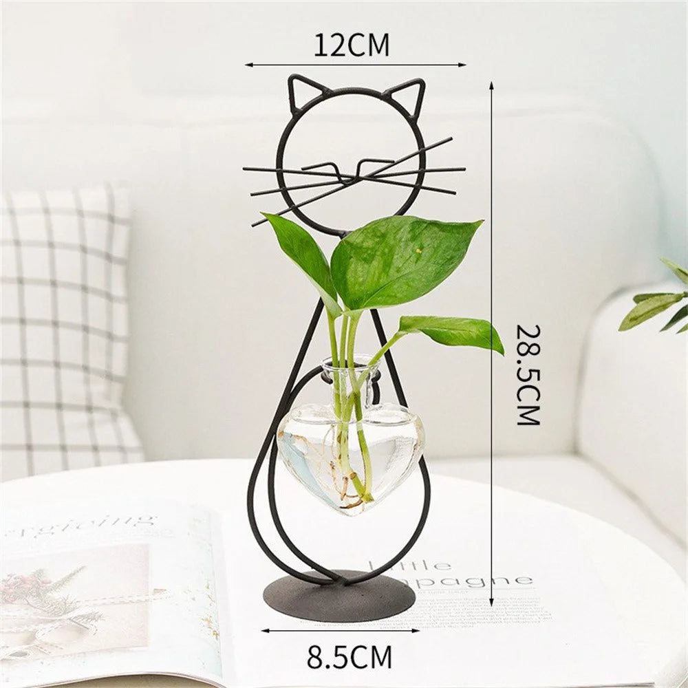 Standing Cat-Shaped Iron Plant Holder Hydroponic Flower Vase Creative Ornament for Home Decor - Black - 3