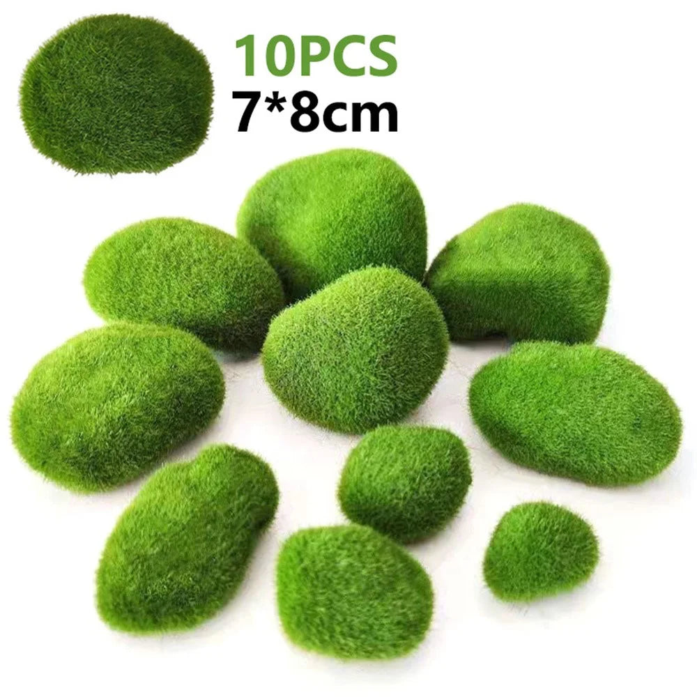 10PCS Artificial Moss Rocks 7 x 8cm Oval Green Moss Covered Stones for Home Garden Landscape Decor Craft - 1