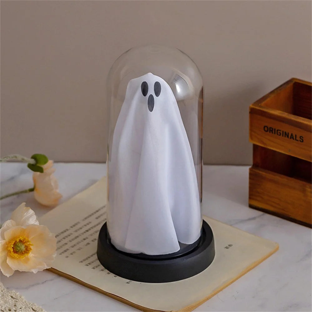 Halloween Ghost Figurine LED Night Light Creative Hanging Ghost Lamp Glass Dome Atmosphere Decor Gift - Warm Light / Black Base - 2
