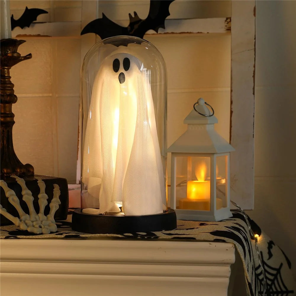Halloween Ghost Figurine LED Night Light Creative Hanging Ghost Lamp Glass Dome Atmosphere Decor Gift - Warm Light / Black Base - 3