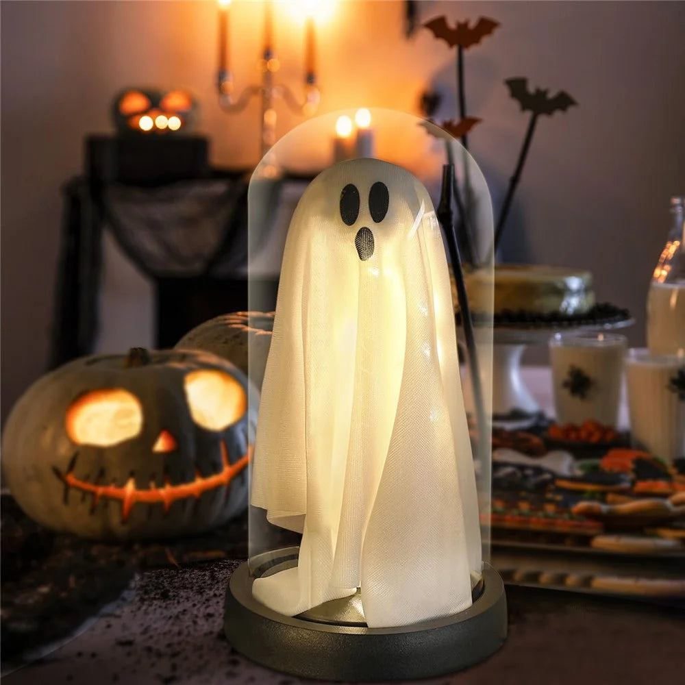 Halloween Ghost Figurine LED Night Light Creative Hanging Ghost Lamp Glass Dome Atmosphere Decor Gift - Warm Light / Black Base - 4