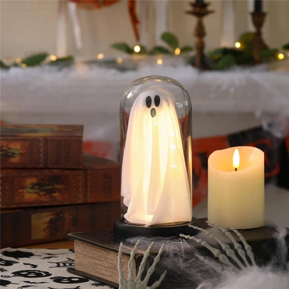 Halloween Ghost Figurine LED Night Light Creative Hanging Ghost Lamp Glass Dome Atmosphere Decor Gift - Warm Light / Black Base - 5