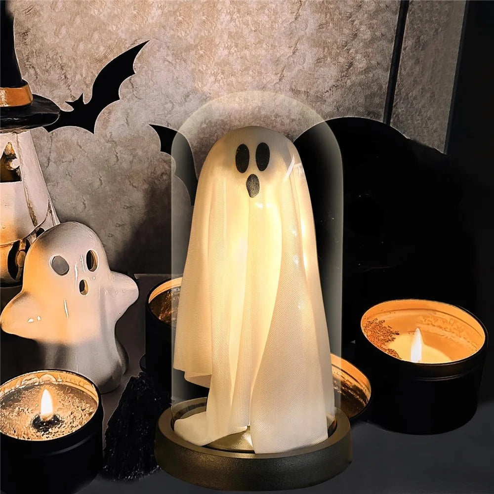 Halloween Ghost Figurine LED Night Light Creative Hanging Ghost Lamp Glass Dome Atmosphere Decor Gift - Warm Light / Black Base - 6
