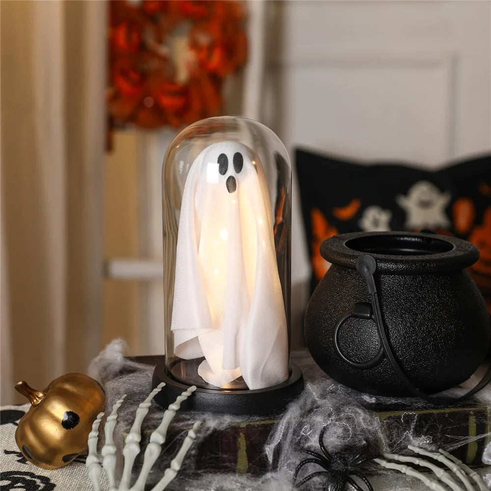 Halloween Ghost Figurine LED Night Light Creative Hanging Ghost Lamp Glass Dome Atmosphere Decor Gift - Warm Light / Black Base - 7