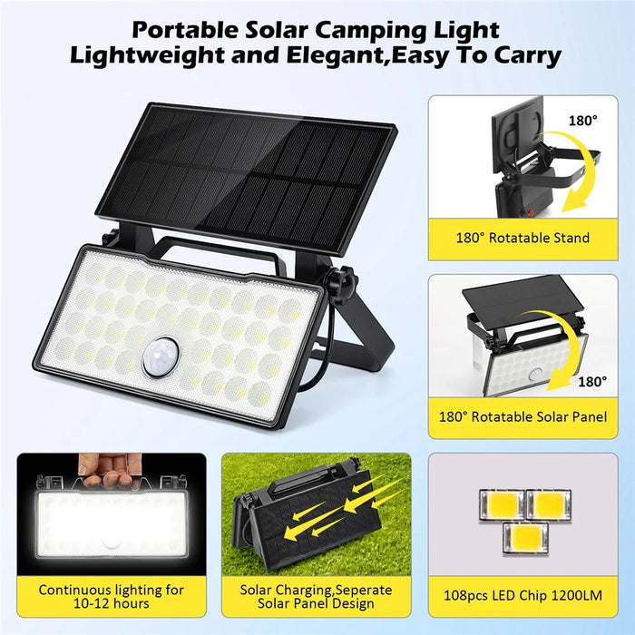 Portable Solar Floodlight Camping Work Light Foldable Rotatable Motion Sensor Wall Lamp - White Light 5000K - 2