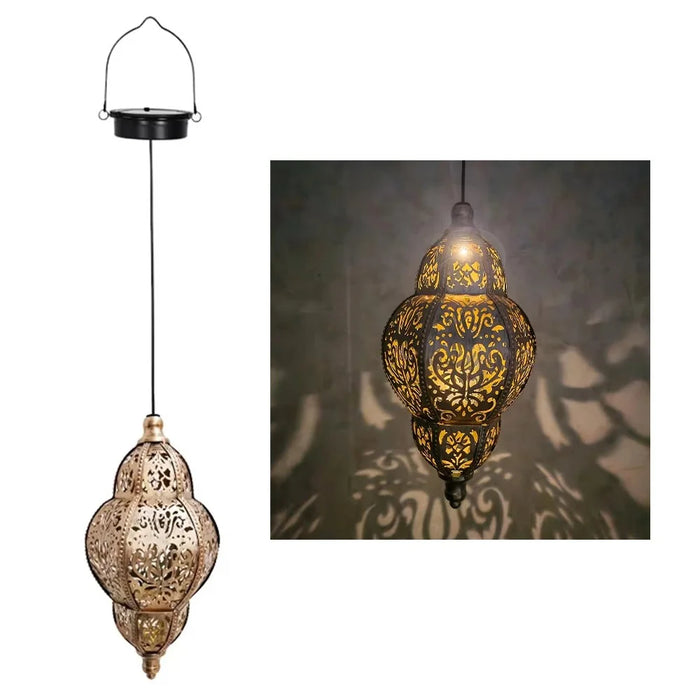 Moroccan Style Hollow Out Projection Light Solar Powered Iron Art Hanging Lantern for Garden Patio - Warm Light - 1